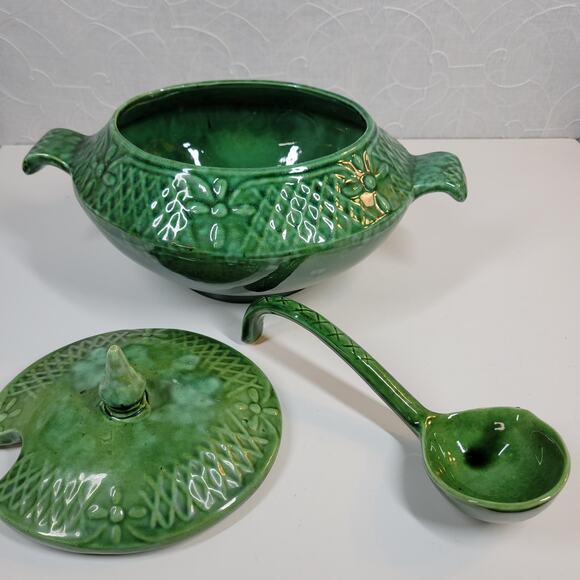 Marcia Of California Pottery Soup Tureen Green MCM Serving Bowl Ladle Lid USA - Picture 13 of 13